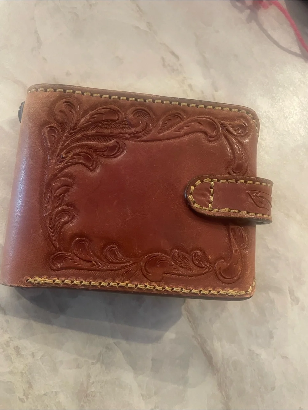 Men's Tooled Leather Wallet with Snap Closure - Brown